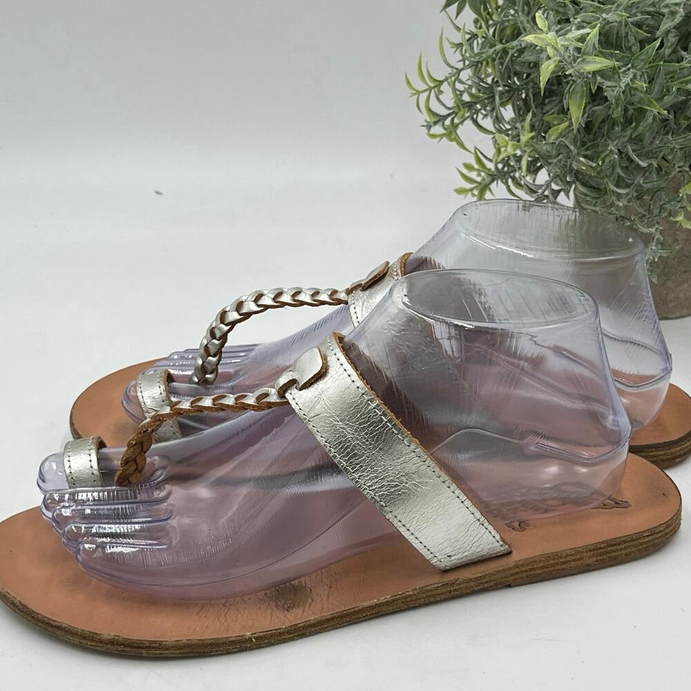 Ancient Greek Leather Melpomeni Platinum Silver Braided Thong Sandals Sz 40/9